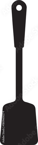 A simple black silhouette of a kitchen spatula with a hole at the top of the handle design element