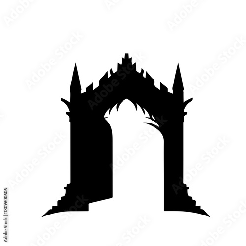 Black silhouette of a gothic archway gate.