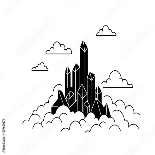 Crystalline Cityscape Emerging from Clouds.