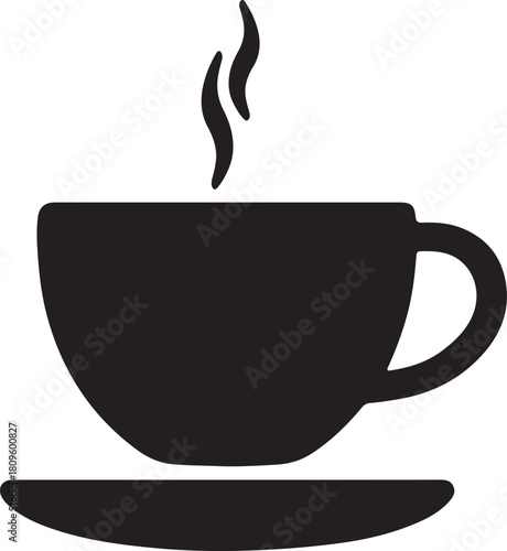 A black silhouette of a coffee cup with steam rising from it sitting on a small saucer shape below it