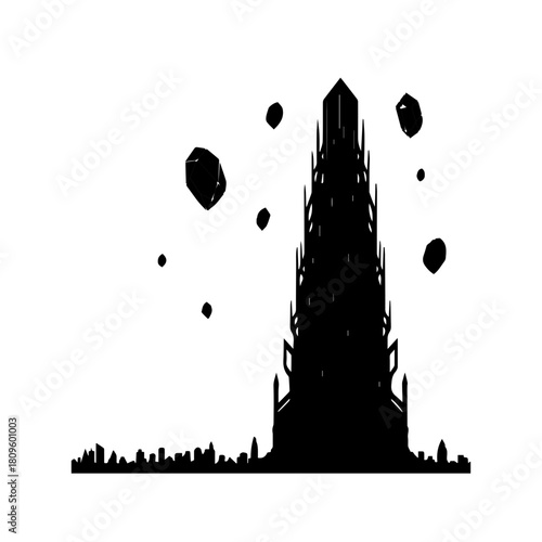 Silhouette of a Dark Tower and Falling Rocks.