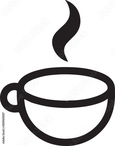 A simple black and white drawing of a cup with steam rising from it on a white background design