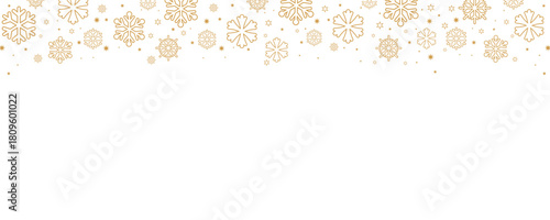 Elegant Christmas and winter vector border with falling golden snowflakes and small stars along the top edge of a plain white background. Horizontal design ideal for banners, headers, greeting card ba