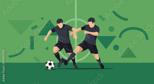 Two soccer players in black uniforms compete for possession of the ball on a green field.