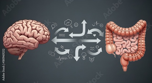 Brain-gut connection with arrows symbolizing mood regulation through probiotics.