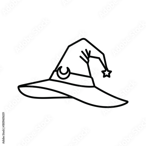 Stylized line art illustration of a classic witchs hat with a crescent moon and star, isolated on white