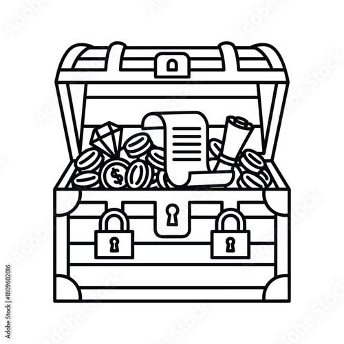 Open treasure chest filled with gold coins, diamonds, and a map, secured with padlocks, isolated on