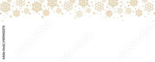 Elegant Christmas and winter vector border with falling golden snowflakes and small stars along the top edge of a plain white background. Horizontal design ideal for banners, headers, greeting card ba