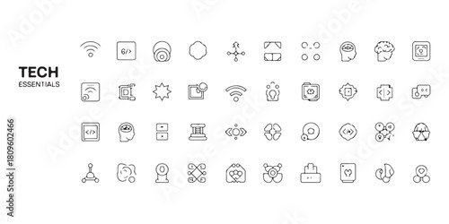 Collection of outline icons representing technology and digital essentials concepts