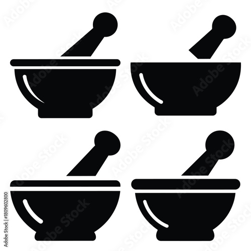 mortar pestle vector icons– simple hospital and medical safety symbols