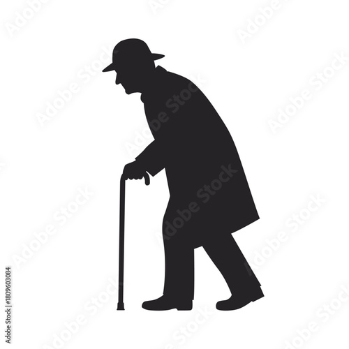 An elderly gentleman walking slowly with a cane reflecting a life lived with grace and wisdom minimal flat black