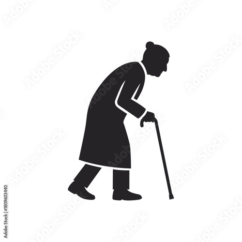 An elderly woman walks with a cane symbolizing resilience and wisdom in her stride depicting strength with bold