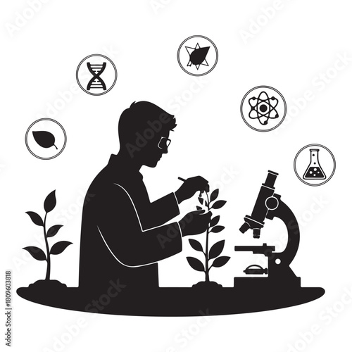 Black and white illustration of a biologist working with plants research