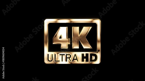 4K Ultra HD Resolution icon or Label Animation in Gold, Premium Display Quality Format Label for Modern Video Content with black and green screen