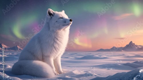 A serene image showcasing a white arctic fox in a snowy landscape with colorful aurora borealis lights