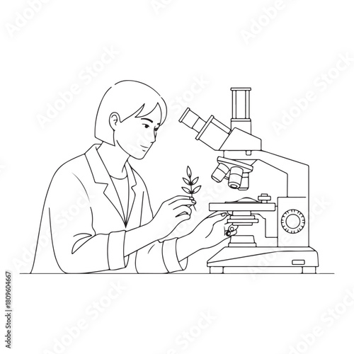Scientist examining plant specimen under microscope line art illustration