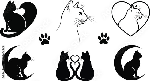 Elegant black and white feline illustrations. Graceful cat silhouettes, romantic pairs, profiles, hearts, moons, and paw prints for charming design elements