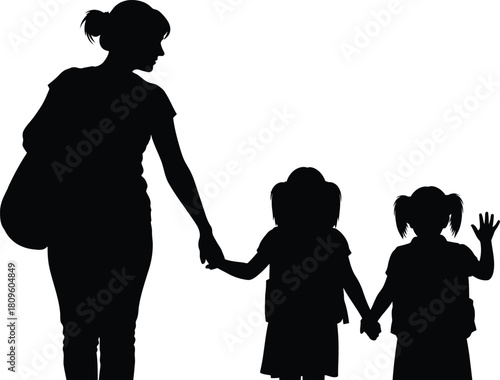 Silhouette of a mother holding the hands of two children, symbolizing family and care