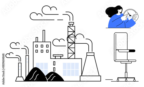 Factory with smokestacks, emission clouds, and a worker examining a gear. Includes an office chair. Ideal for industry, pollution, workforce, technology, process optimization ergonomics