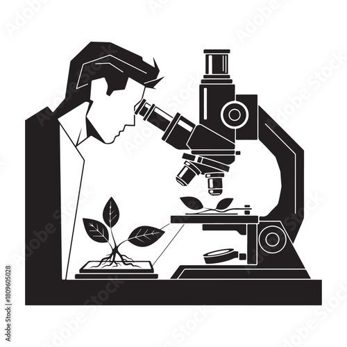 Scientist with microscope analyzes plant growth biology and scientific research