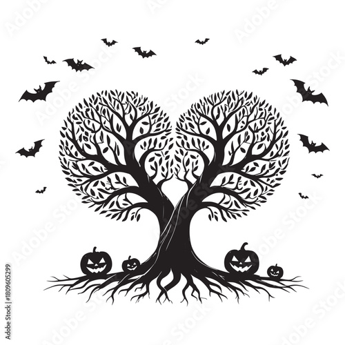 Halloween Tree Silhouette with Pumpkins and Bats in Eerie Black and White