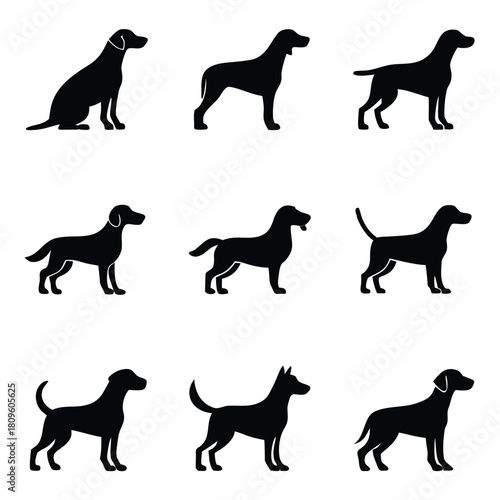 Set of Nine Dog Breed Silhouette Icons Isolated on White Background