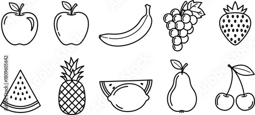 A collection of simple fruit outline icons in a linear style. Vector set includes apple, banana, pineapple, and other healthy foods