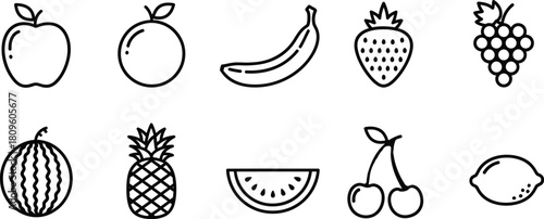 Assortment of fruit icons in a vector line style featuring apple, orange, banana, strawberry, grape, watermelon, pineapple, cherry, lemon