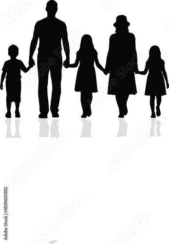 Unified Family Walking Together A Loving Silhouette Portrayal of Parents and Children Hand in Hand, Representing Togetherness and Support in a Minimalist Graphic