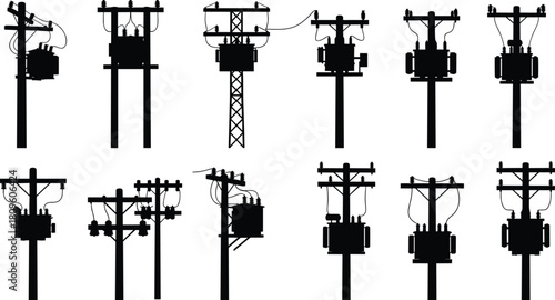 Vector silhouette set of electric poles, transformers, and power lines for industrial energy distribution networks.