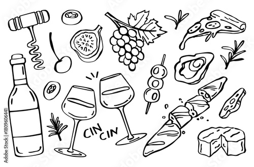 Aperitivo doodle set, wine, grapes, cheese and snacks, black line art