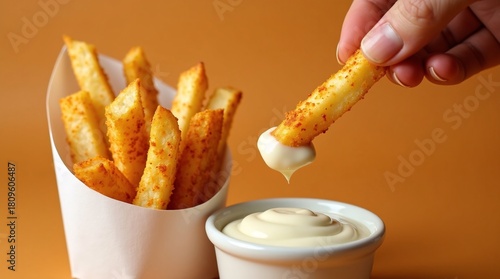 A hand dips a seasoned French fry into creamy sauce, with a container of fries beside it, against a warm orange background.