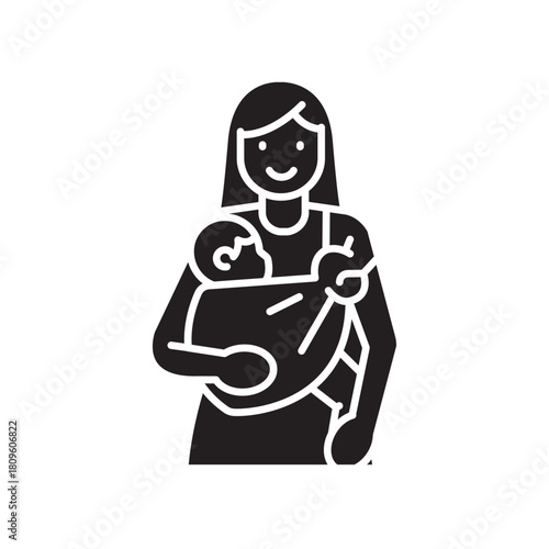 baby in sling with mother black line icon. Vector isolated element