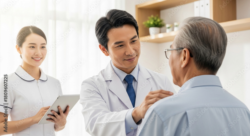 Fototapeta premium Indoor shot of a doctor examining an elderly patient, while nurse holds a tablet. Represents healthcare, empathy, and medical consultation