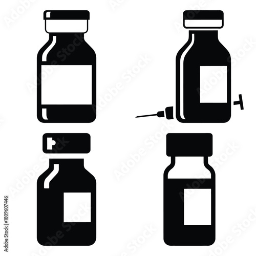vaccine bottle vector icons– simple hospital and medical safety symbols