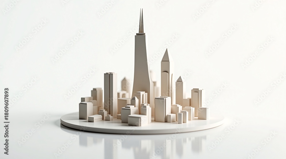 Obraz premium A minimalist model of a cityscape with various beige buildings, centered by a tall skyscraper, on a white circular platform against a plain white background.