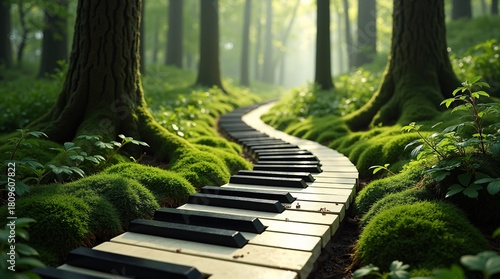 A winding path designed like a piano keyboard in a sunlit, mossy forest, with tall trees and lush green foliage surrounding it.