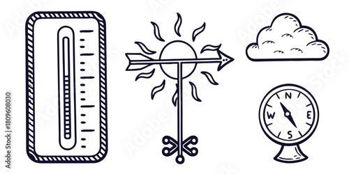 A thermometer, a weather vane, a cloud, and a compass are depicted in a doodle style.