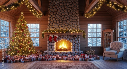 Rustic Christmas log cabin interior with stone fireplace, lit tree and an abundance of wrapped gifts.