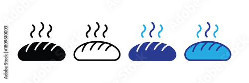 Set of stylized icons representing hot bread loaves with steam rising, including solid black, outline, blue, and light blue versions, on a white background