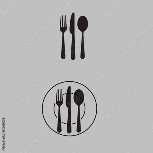 Restaurant menu icon set featuring fork, spoon, knife, and tableware in a clean vector style