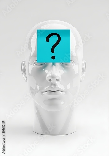 Conceptual image of a question mark covering the eyes of a white bust