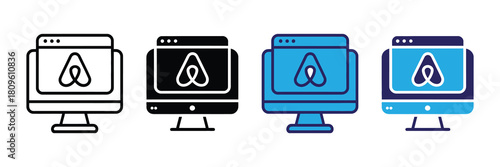 Collection of stylized computer monitor icons displaying the airbnb logo in various design styles and color schemes, representing digital presence and online booking platforms.
