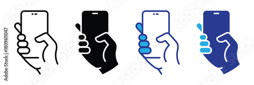 Vector graphic set showing four distinct icon style illustrations of a hand holding a modern smartphone, diverse design approaches.