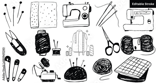 Set of 15 hand-drawn sewing and tailoring icons. Doodle needlework, machine, and thread vector illustration.