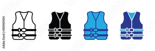 Set of diverse life jacket icons and symbols for water safety and rescue services, including outline, solid black, and blue variations with straps and buckles.