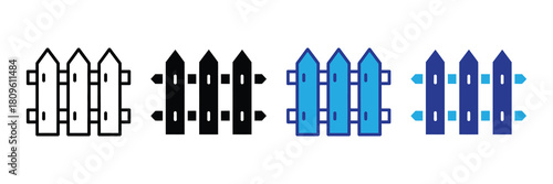 Collection of stylized picket fence icons in outline, solid black, and blue variations, symbolizing boundaries and property, perfect for design elements.