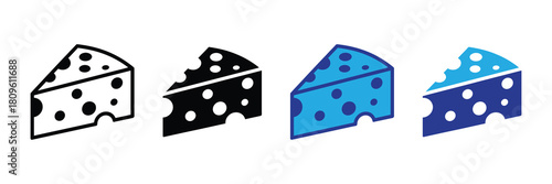 Collection of four stylized cheese wedge icons with holes, isolated on white background, showcasing different styles including outline, solid fill, and two-tone color variations.