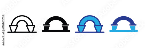 Set of stylized abstract arch bridge icons in outline, solid black, and blue color variations, isolated on white background
