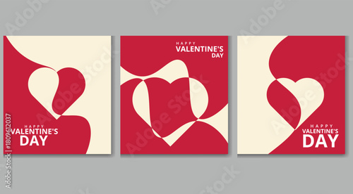 Collection of three contemporary, stylized graphic squares featuring intertwined red and cream heart motifs and valentine day text, perfect for digital promotion